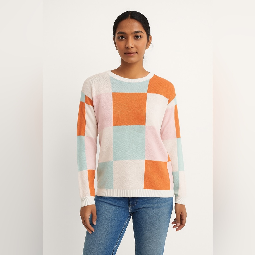 Amazon Color Block Crew Neck Sweater - Orange, Pink, Blue, White